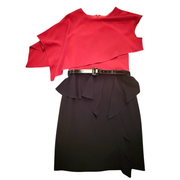 NWOT Teri Jon Red/Black Asymmetrical Midi Dress w/ Leather Belt 12/Large $698 - Picture 2 of 14